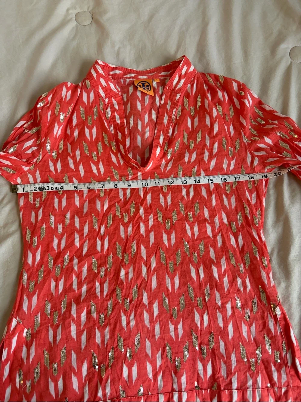 Tory Burch Coral Orange Ikat Gold Sequin Tunic Top Size 6 Long Sleeve
